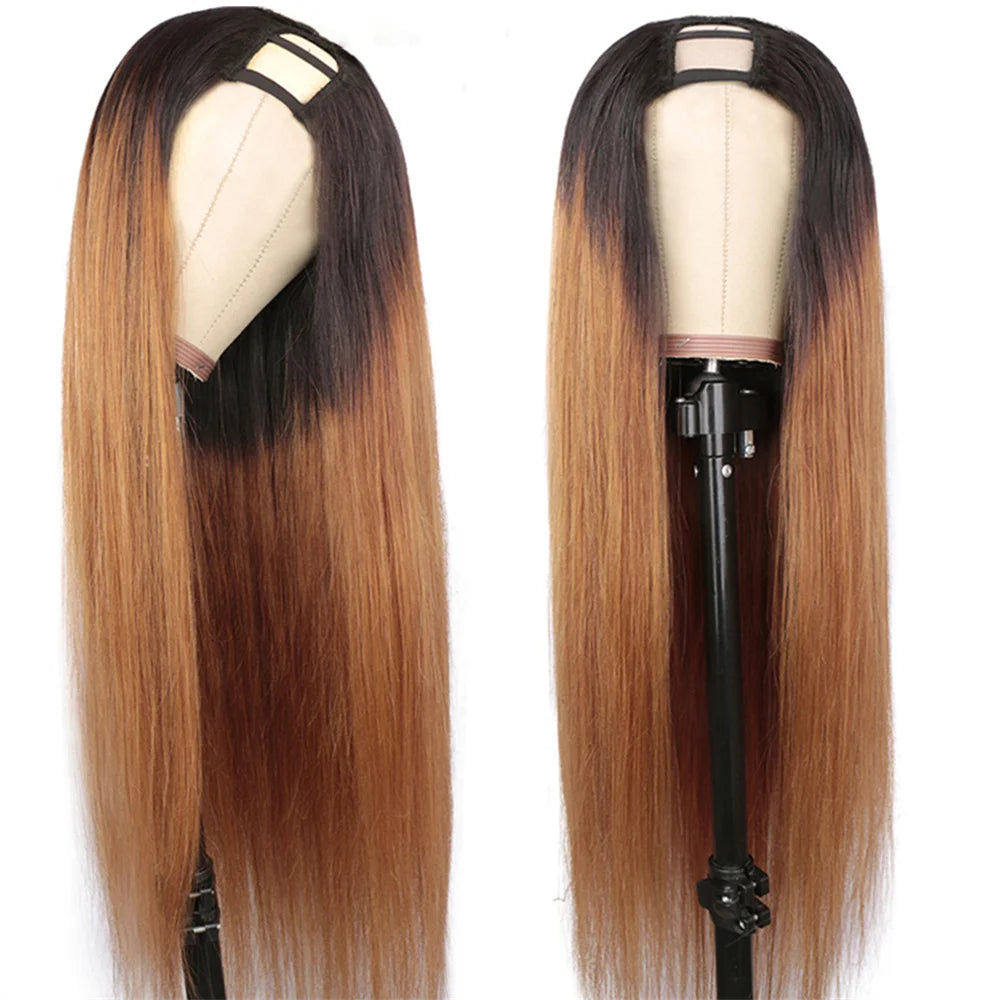 Perruque u-part naturelle brésilienne lisse, cheveux humains, 2 tons, brun ombré 1b 30,perruque cheveux humain brésiliens solde, perruque femme, pince cheveux,perruque blonde, extension cheveux clip naturel, peruque