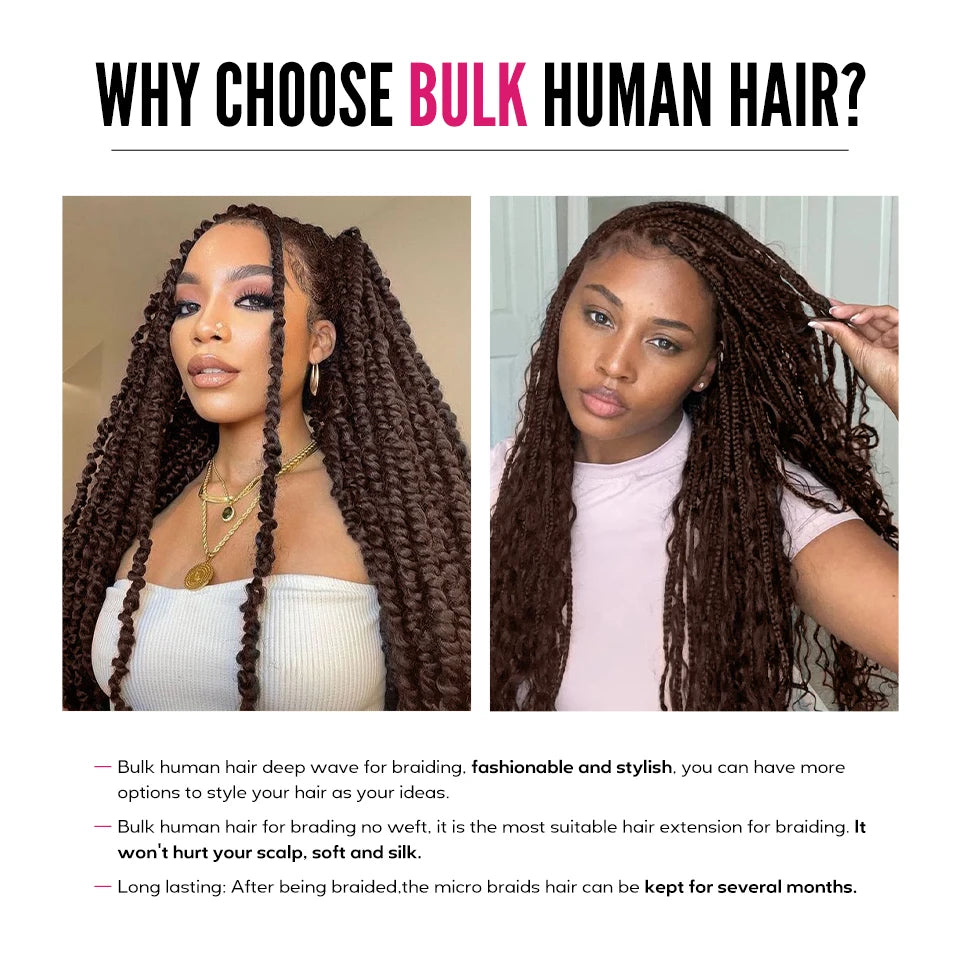 Extension de Cheveux Humains pour Tresses, Brun Foncé, Sans Trame