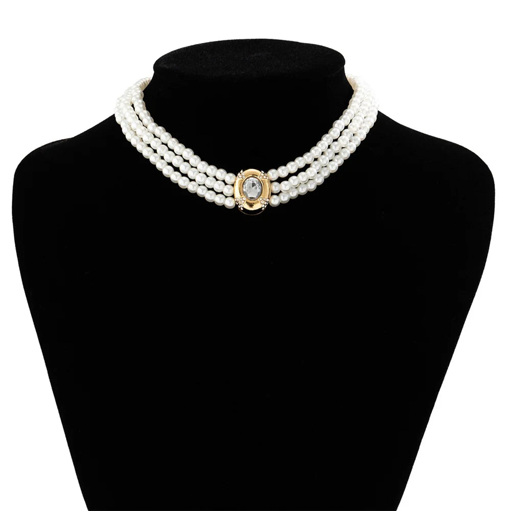 Colliers ras du cou Vintage multicouches pour femmes, Imitation de perles, strass ovales de luxe, accessoires bijoux pour fête de mariage