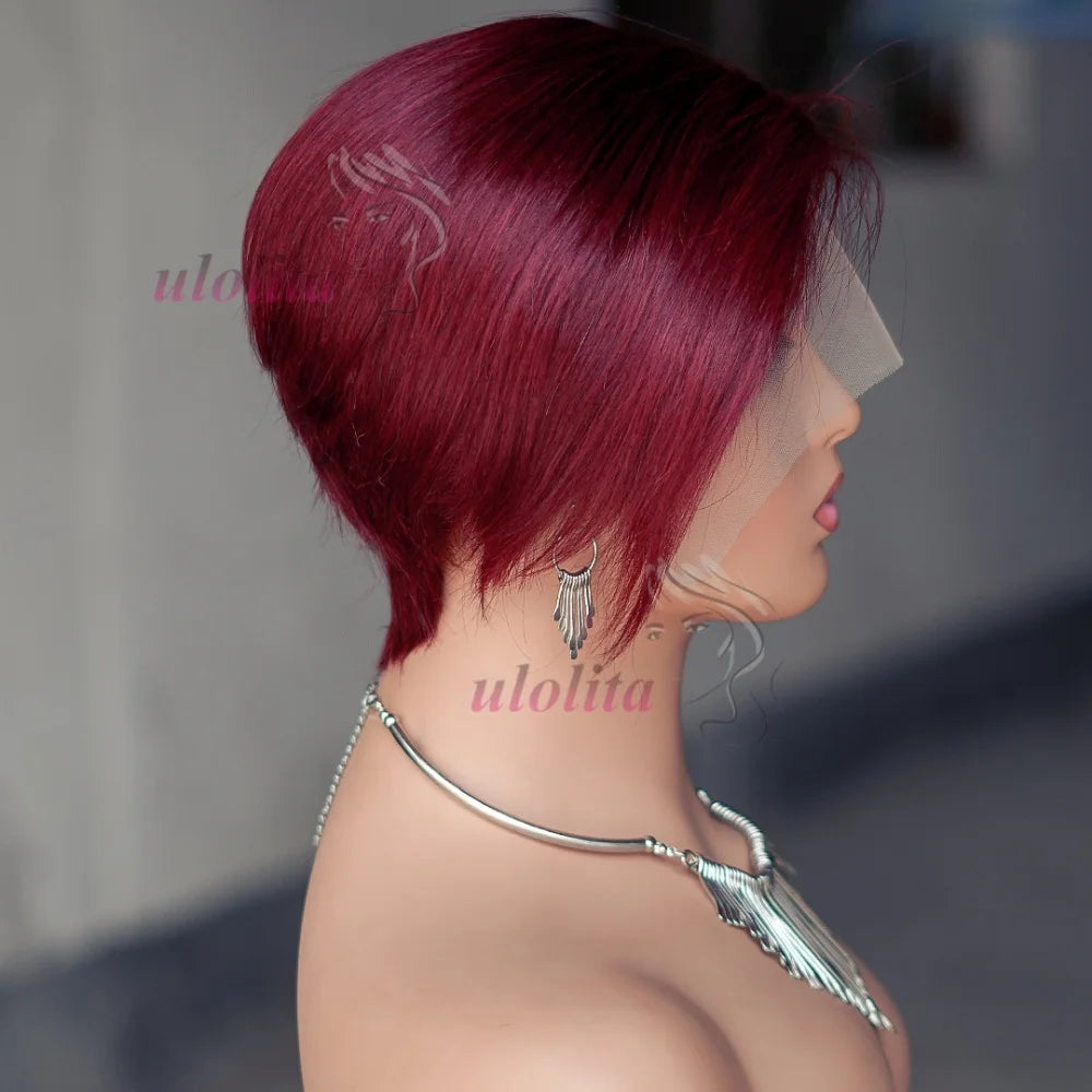 OmbreT1B/99J court coupe lutin malaisien Remy Perruques de cheveux humains à porter sans colle Cheveux raides Perruques Bob Court Cheveux Humains