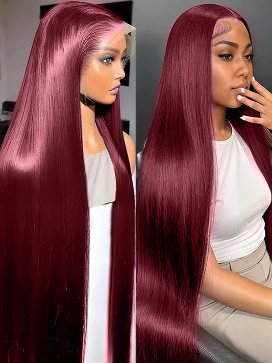 Perruque Lace Frontal Wig naturelle lisse bordeaux 99j, 40 pouces, 13x6, perruque Lace Frontal Wig HD transparente, couleur rouge, pour femmes
