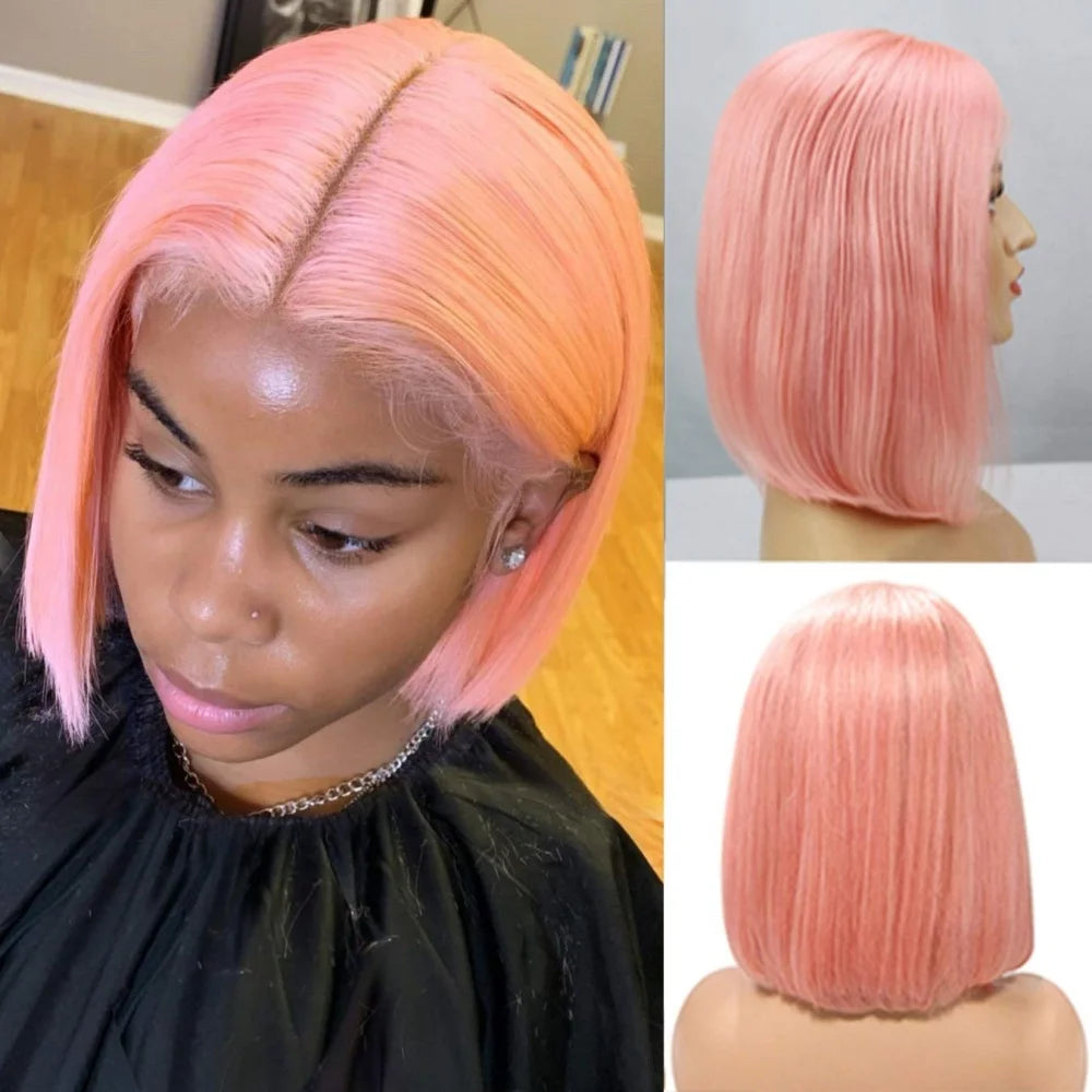 Cheveux humains Rose Rose droite Bob perruques pour femmes brésiliennes 13X4 dentelle avant perruques courtes dentelle frontale pré-plumée couleur Rose Bob perruque