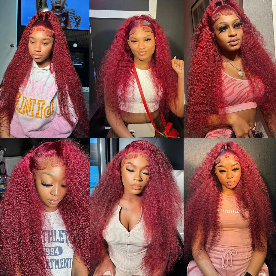 Bourgogne 13x6 Hd dentelle frontale perruque de cheveux humains vague profonde bouclés perruques de cheveux humains vague d'eau couleur 99j rouge 30 pouces dentelle avant perruque