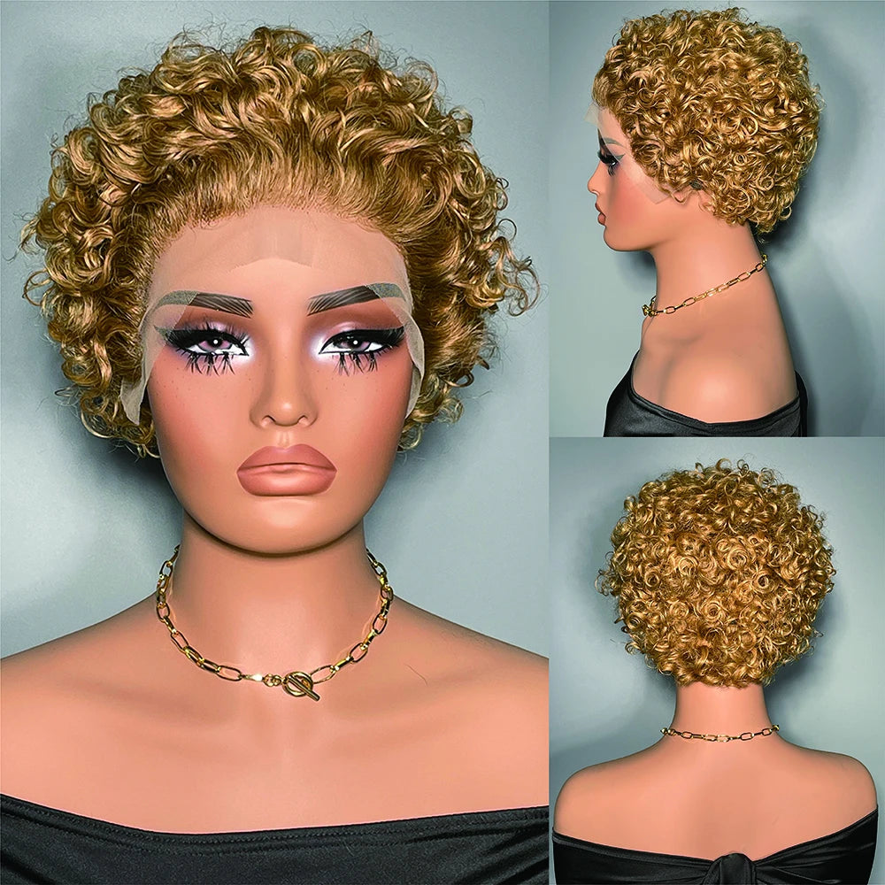 Perruque courte bouclée transparente dentelle avant perruque de cheveux humains coupe lutin perruques brésilien vague d'eau perruques de cheveux humains pour les femmes