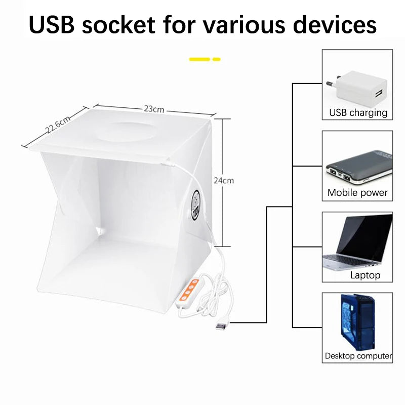 Photographie lumière LED salle Photo Studio lumière tente boîte souple décors Photobox pour appareil Photo DSLR 22CM Portable pliable Lightbox