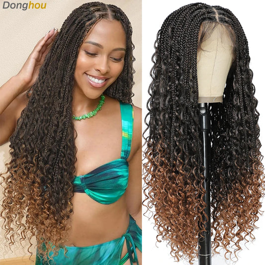 Perruques tressées sans nœuds ombrées Boho pour femmes noires 1B T30 couleurs boîte bohème tresses Perruques tresses Africaines Naturelles