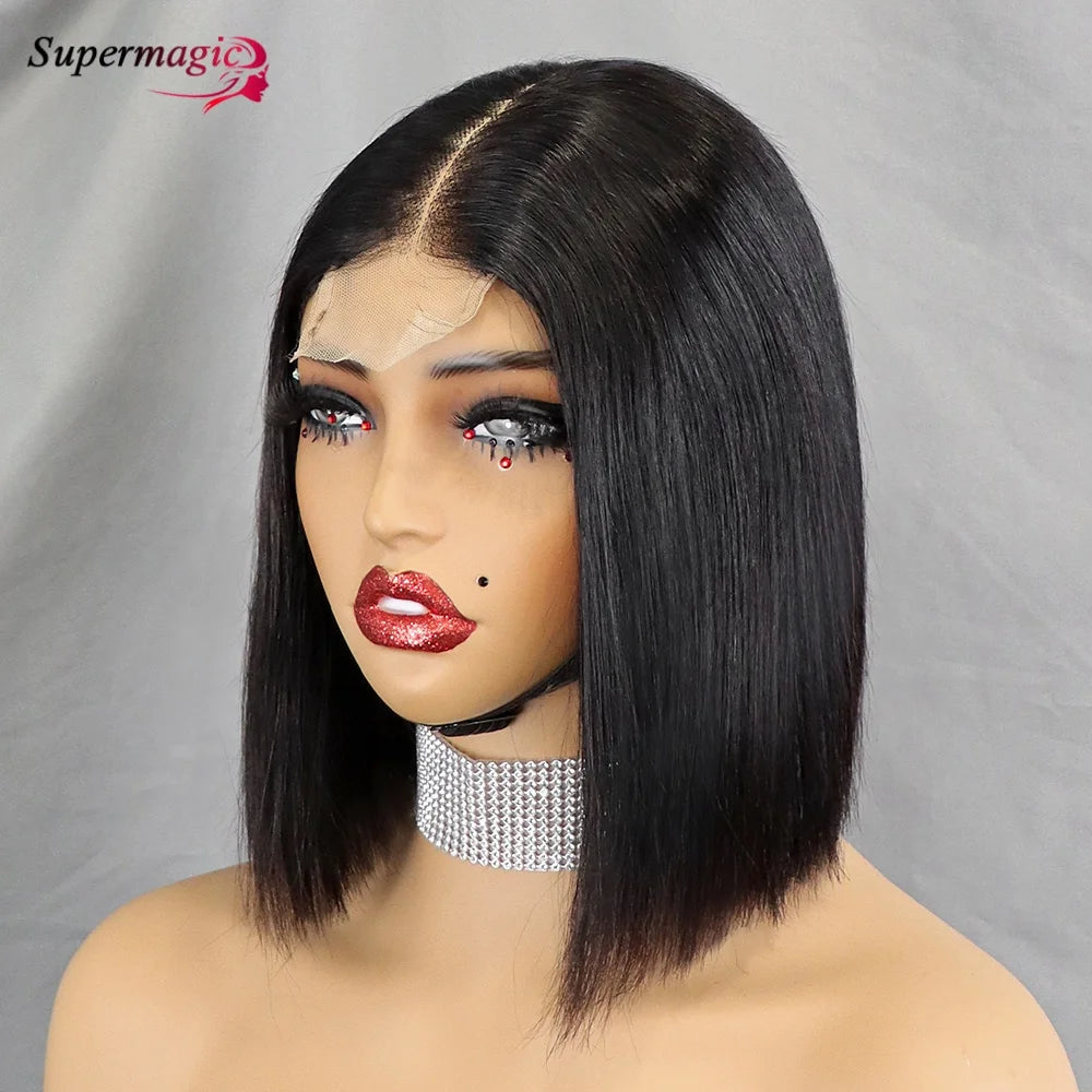 Vietname Super Double os tiré droit 2x6 dentelle fermeture Bob perruque avec 100% cheveux humains Nature noir 300 densité pour les femmes noires