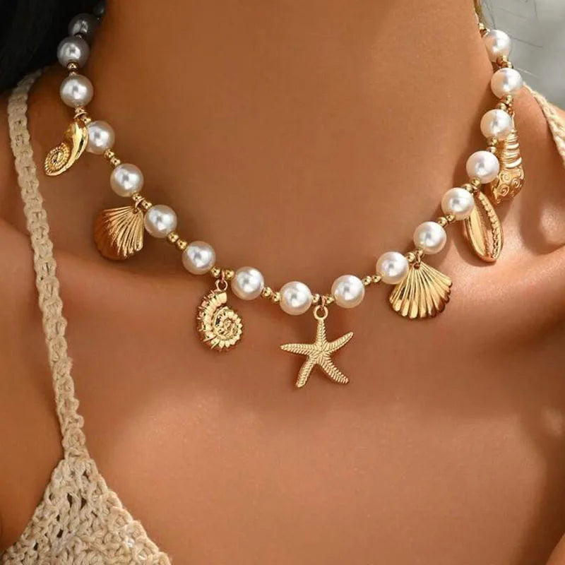 Bohême conque étoile de mer Imitation collier de perles pour les femmes de luxe exquis perlé coquille pendentif collier plage vacances bijoux