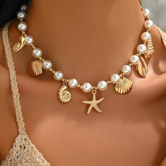 Bohême conque étoile de mer Imitation collier de perles pour les femmes de luxe exquis perlé coquille pendentif collier plage vacances bijoux