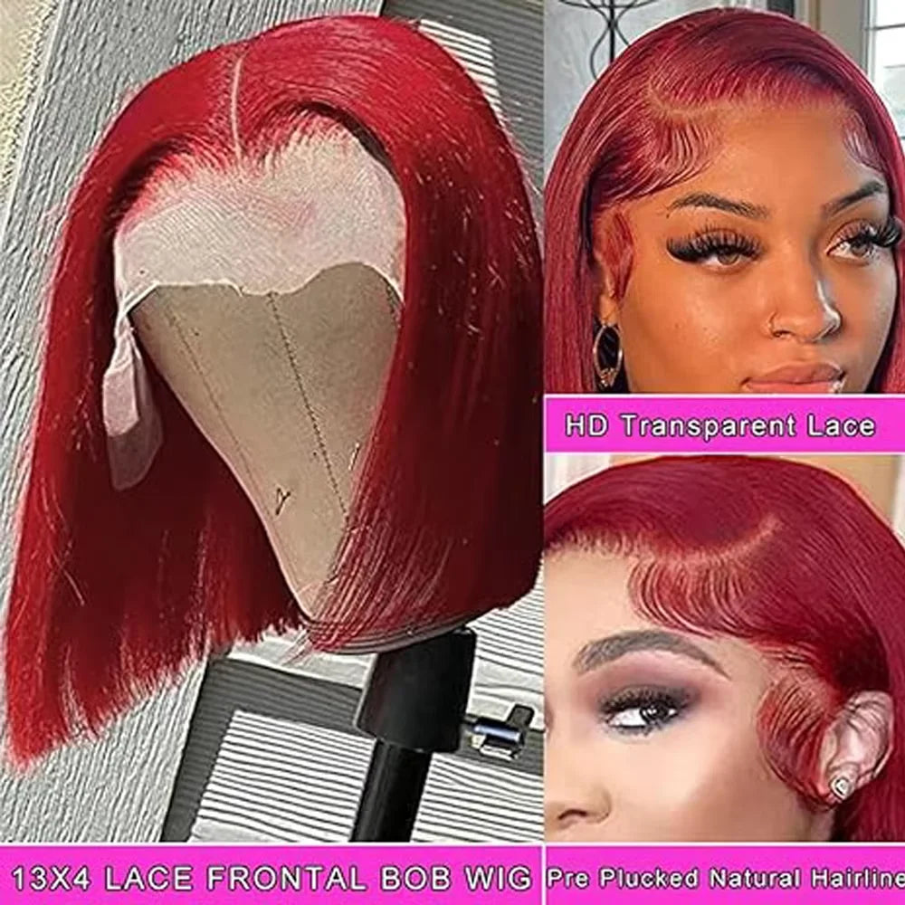 Perruque bob 13x4 en cheveux humains, lisses et courts, couleur bordeaux 99J, dentelle frontale HD transparente, pré-plumée, longueur 8-14 pouces, densité 200%, look naturel et élégant
