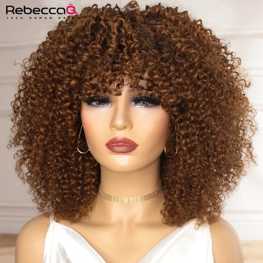 Grande perruque bouclée avec frange cheveux humains courts Afro crépus bouclés perruque couleur marron sans colle pleine Machine faite perruque 250 densité brésilienne