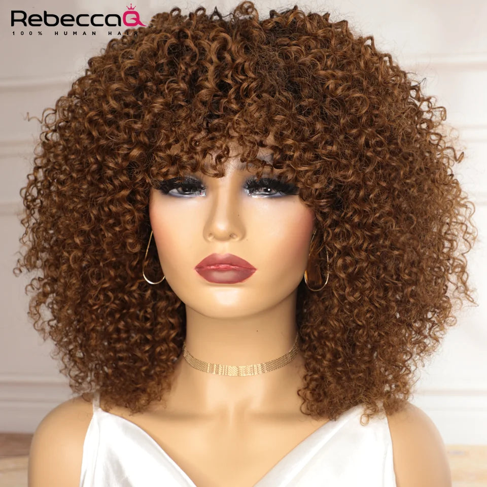Grande perruque bouclée avec frange cheveux humains courts Afro crépus bouclés perruque couleur marron sans colle pleine Machine faite perruque 250 densité brésilienne