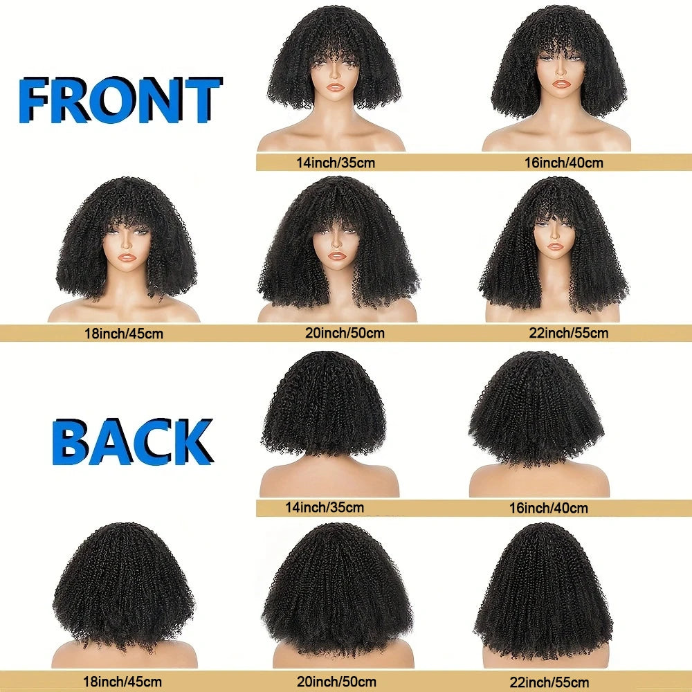Perruques de cheveux humains Afro crépus bouclés avec frange 200% densité Remy cheveux humains sans colle perruque Afro bouclés frange perruques pour les femmes noires