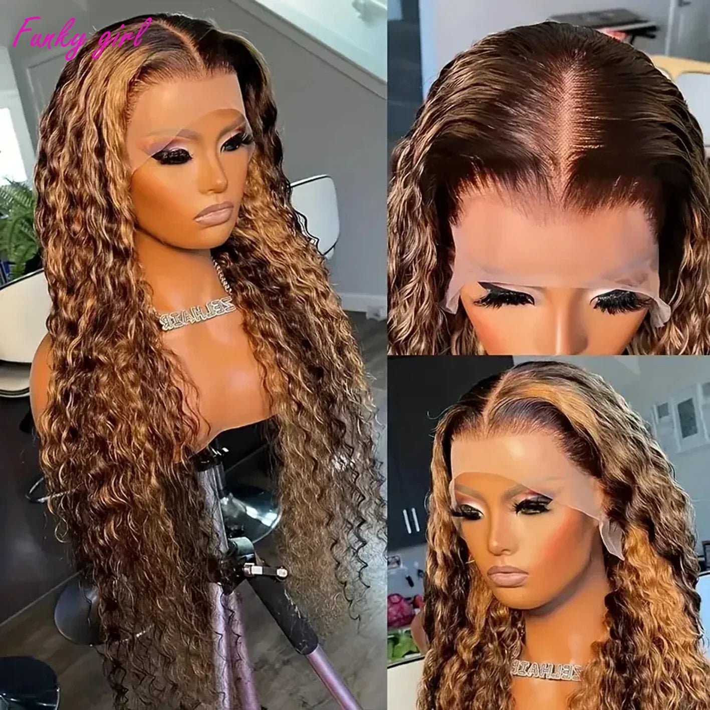 Perruque Lace Front Wig naturelle bouclée sans colle, cheveux humains, haute densité 180%, balayage ombré, 34 pouces