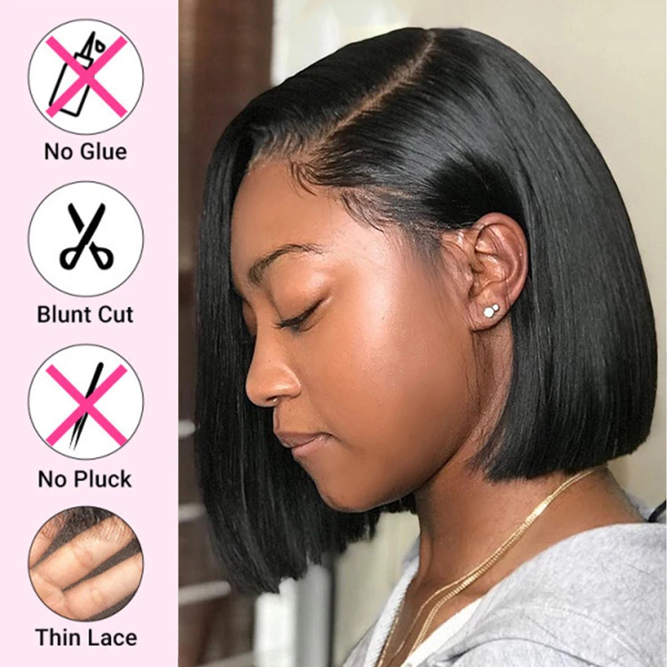 Wear matchs Go-Perruque Bob Brésilienne Naturelle, Cheveux Courts Lisses, Sans Colle, HD, Lace Front Transparente, 180%