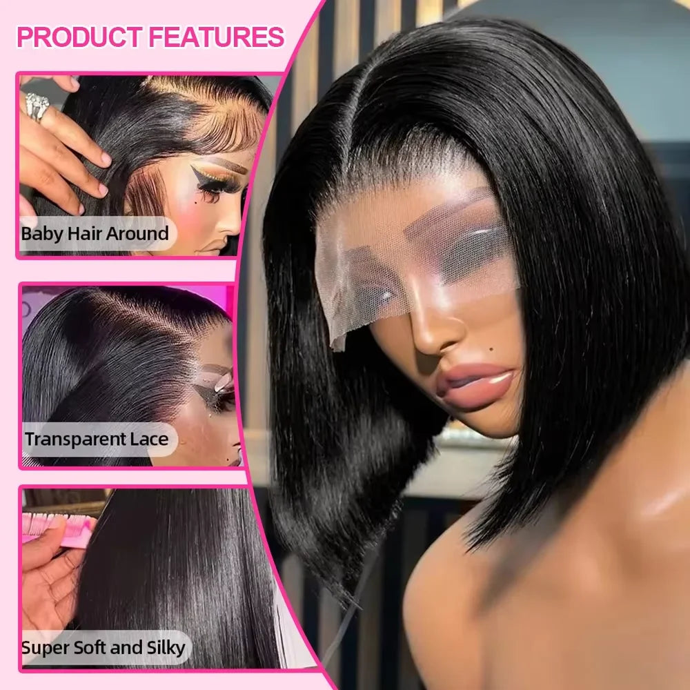 250% densité sans colle os droit 13x6 court Bob demi dentelle avant perruque HD frontale tressé noir 100% perruques de cheveux humains