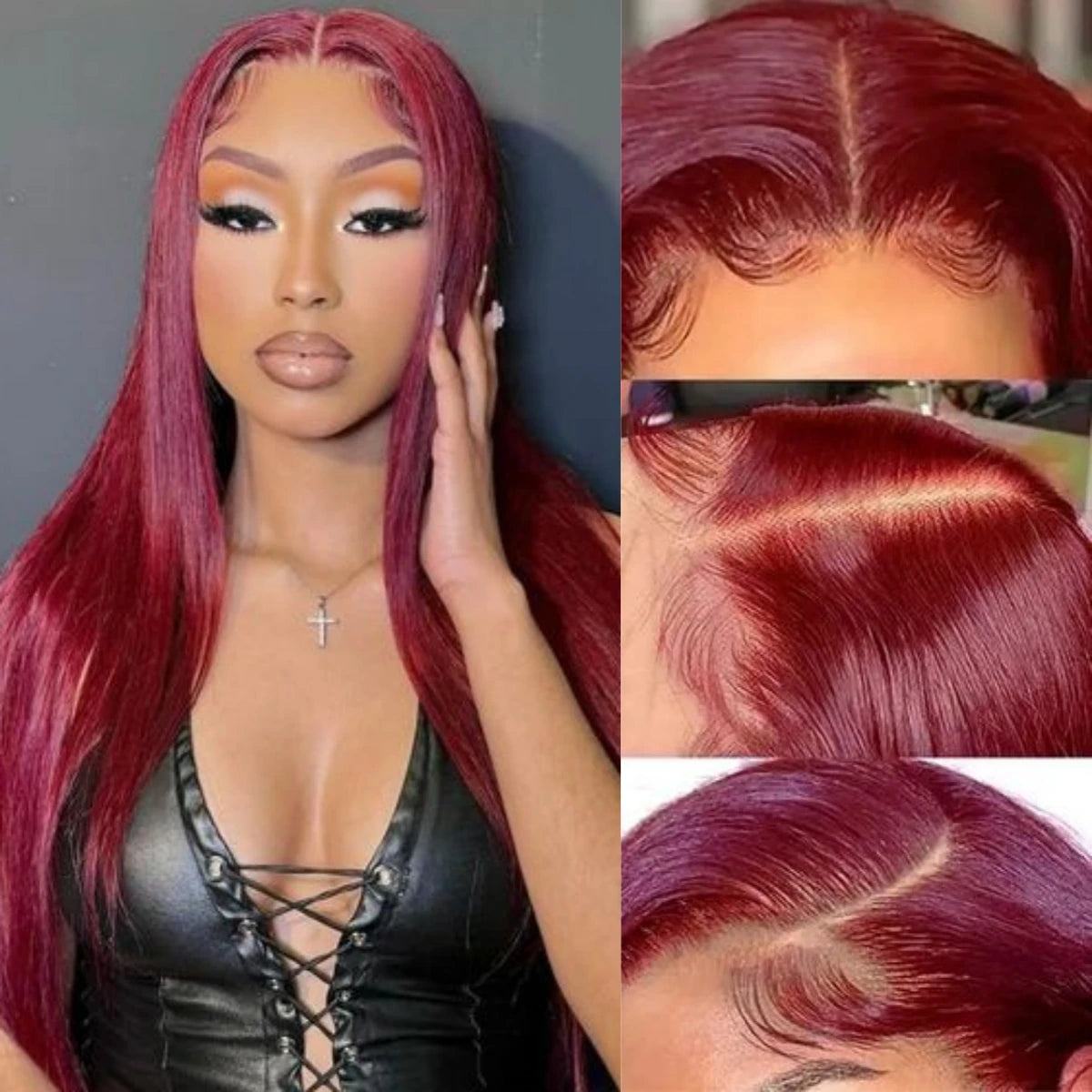 Perruque brésilienne droite bordeaux pour femme, dentelle transparente, cheveux humains, couleur rouge, pré-plumée, 99J, 13x4