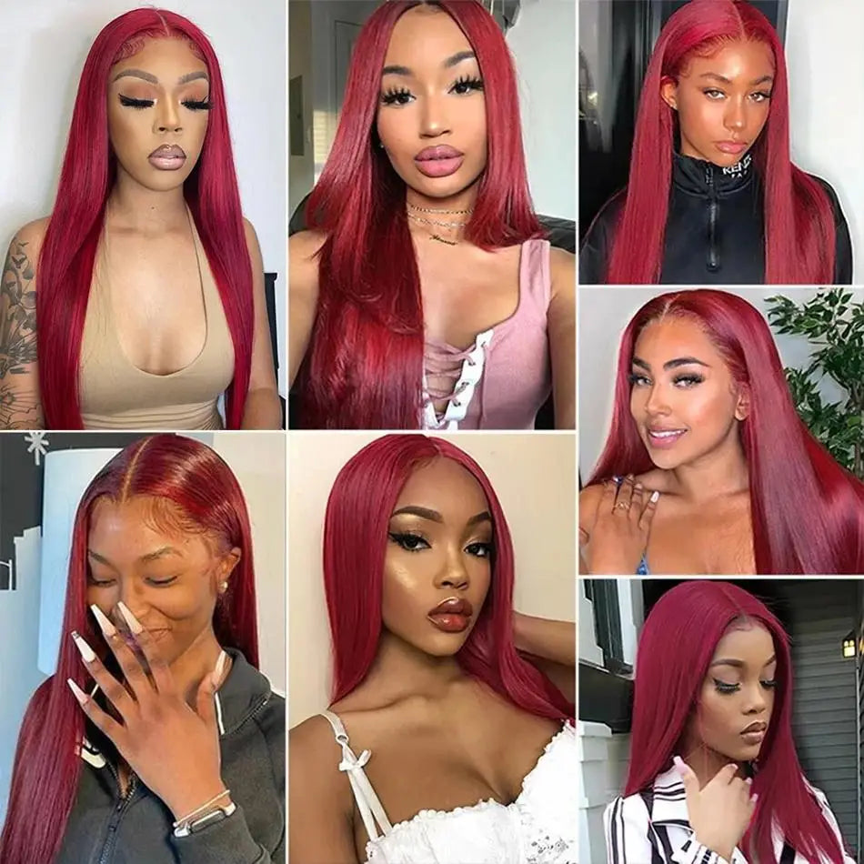 Perruque Lace Frontal Wig naturelle lisse bordeaux 99j, 40 pouces, 13x6, perruque Lace Frontal Wig HD transparente, couleur rouge, pour femmes