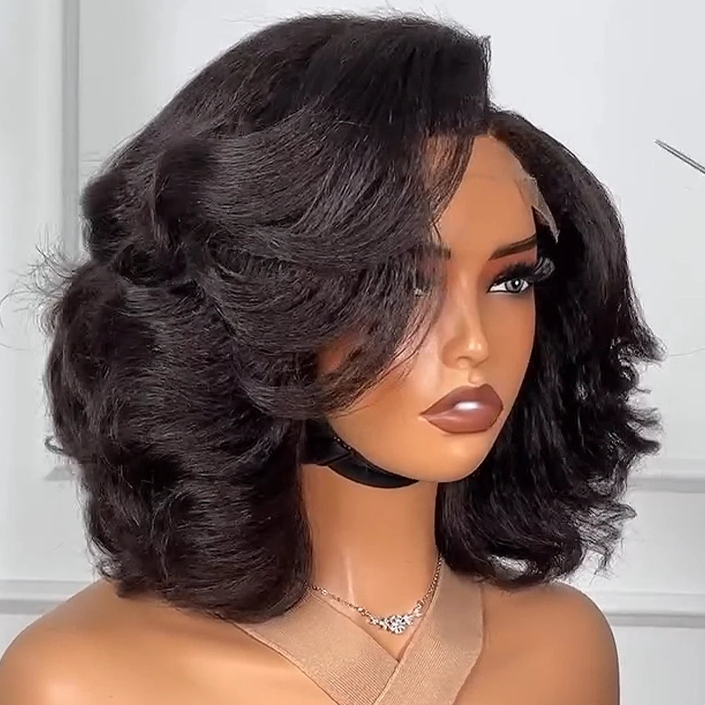 Perruque Bob en cheveux humains raides crépus HD Lace Front 4x4/13x4 de 10-16 pouces, densité 400%, pré-épilée, prête à porter, sans colle, effet Body Wave pour femmes