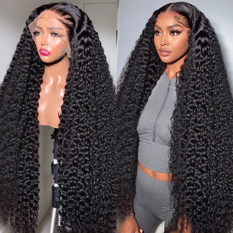 40 46 pouces 13x4 13x6 pleine frontale HD dentelle transparente longue vague profonde brésilienne Remy cheveux humains pré plumés perruques 200 densité