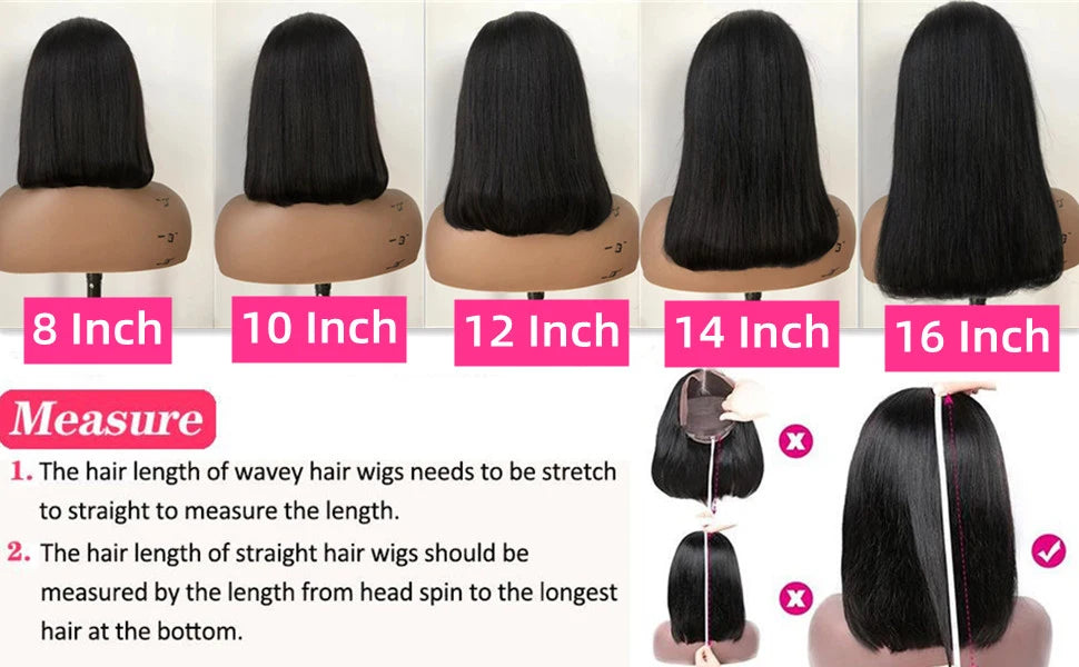 Perruques prêtes à porter sans colle, cheveux humains brésiliens lisses, coupe courte bob, pré-épilées, perruque frontale en dentelle transparente HD 13x4