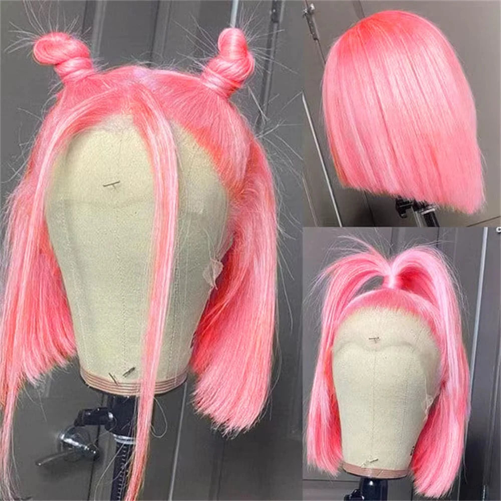 Cheveux humains Rose Rose droite Bob perruques pour femmes brésiliennes 13X4 dentelle avant perruques courtes dentelle frontale pré-plumée couleur Rose Bob perruque