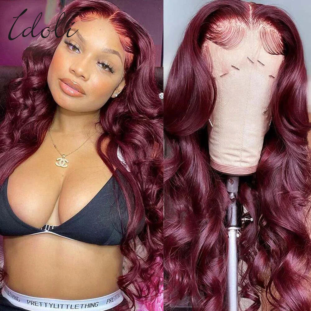 Perruque Lace Front Wig Body Wave Brésilienne Naturelle, Cheveux Humains, Couleur Bordeaux 99J, 13x6, Transparent HD