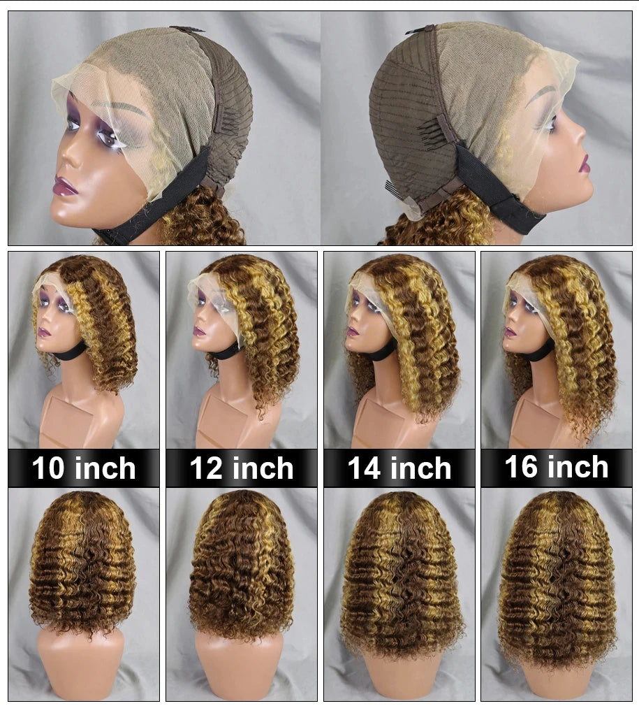 Ombre mettre en évidence P4/27 péruvien Remy cheveux courts Bob perruques de cheveux humains perruque Blonde profonde bouclée Bob perruque 13x4 dentelle avant perruques pour les femmes