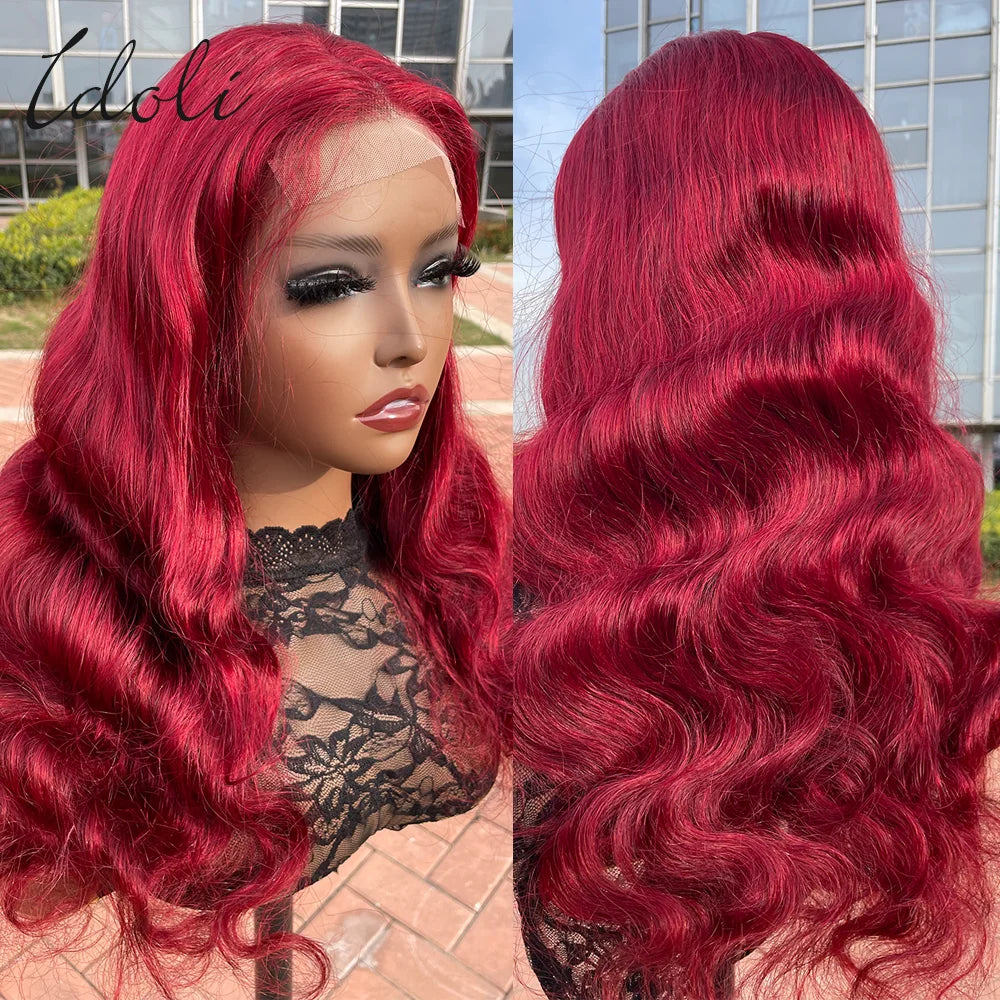 Perruque Lace Front Wig Body Wave Brésilienne Naturelle, Cheveux Humains, Couleur Bordeaux 99J, 13x6, Transparent HD