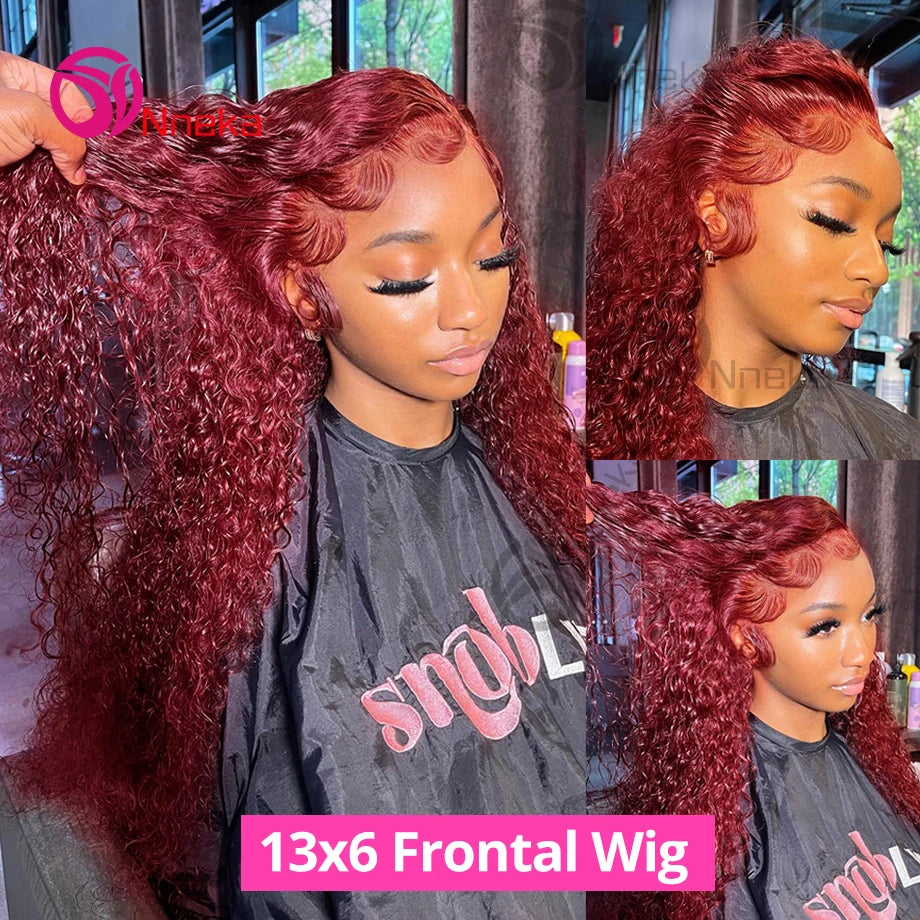 Bourgogne 13x6 Hd dentelle frontale perruque de cheveux humains vague profonde bouclés perruques de cheveux humains vague d'eau couleur 99j rouge 30 pouces dentelle avant perruque