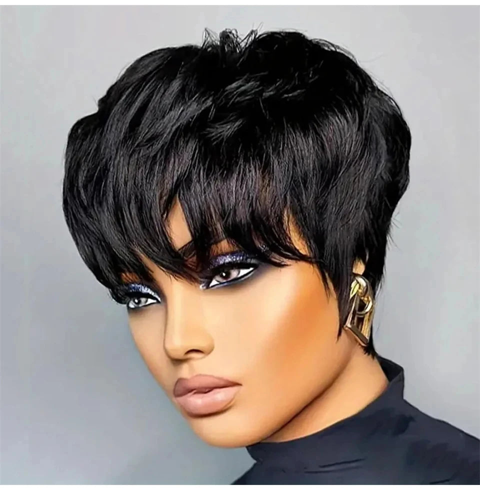Perruques de cheveux humains courts coupe lutin droite perruque bresillienne pour les femmes noires pleine Machine faite perruques avec frange perruque pas cher
