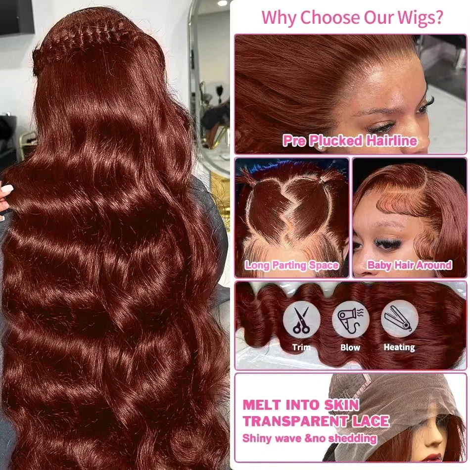 HD 13x4 brun rougeâtre vague de corps dentelle frontale perruques de cheveux humains vague d'eau brésilienne pré plumée 13x6 dentelle avant perruque pour les femmes