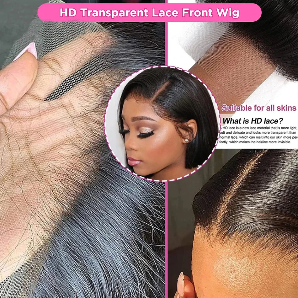 Perruques prêtes à porter sans colle, cheveux humains brésiliens lisses, coupe courte bob, pré-épilées, perruque frontale en dentelle transparente HD 13x4