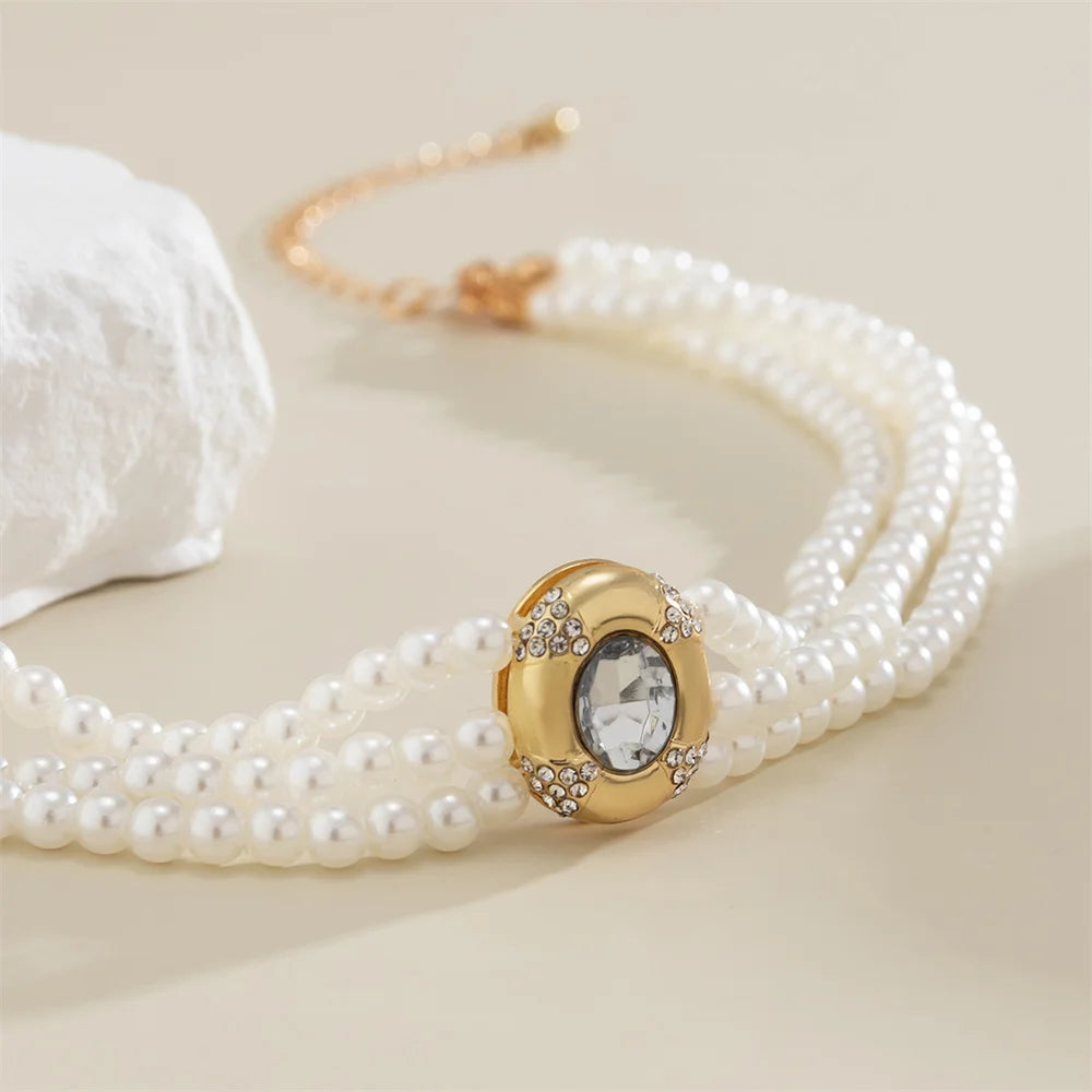 Colliers ras du cou Vintage multicouches pour femmes, Imitation de perles, strass ovales de luxe, accessoires bijoux pour fête de mariage