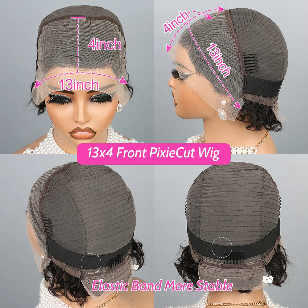 13X4 court bouclés coupe lutin perruques cheveux humains Transparent Rose bouclés dentelle frontale perruques cheveux humains pour les femmes noires
