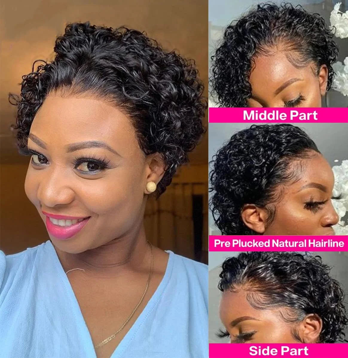 13X4 court bouclés coupe lutin perruques cheveux humains Transparent Rose bouclés dentelle frontale perruques cheveux humains pour les femmes noires