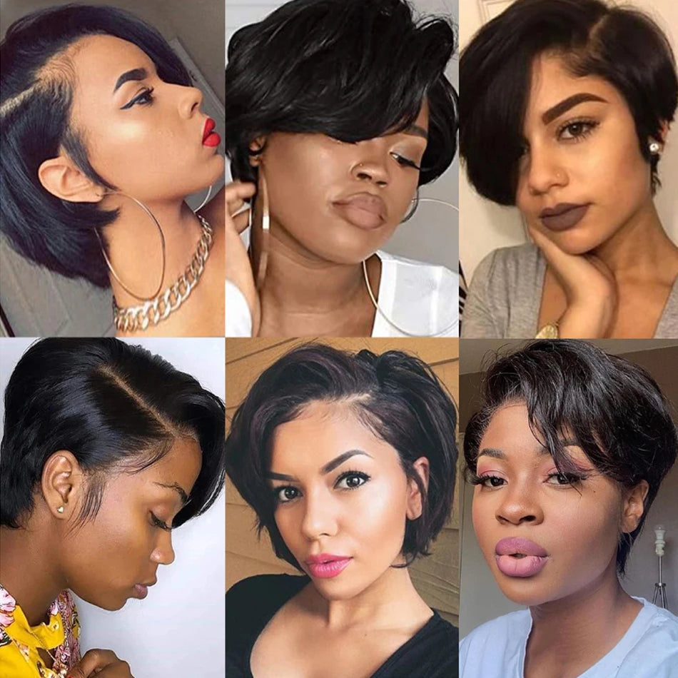 Cheveux humains 13X2 perruques courtes coupe lutin perruques droites Bob HDTransparent dentelle frontale perruques pour les femmes noires 250 densité Perruque pas cher