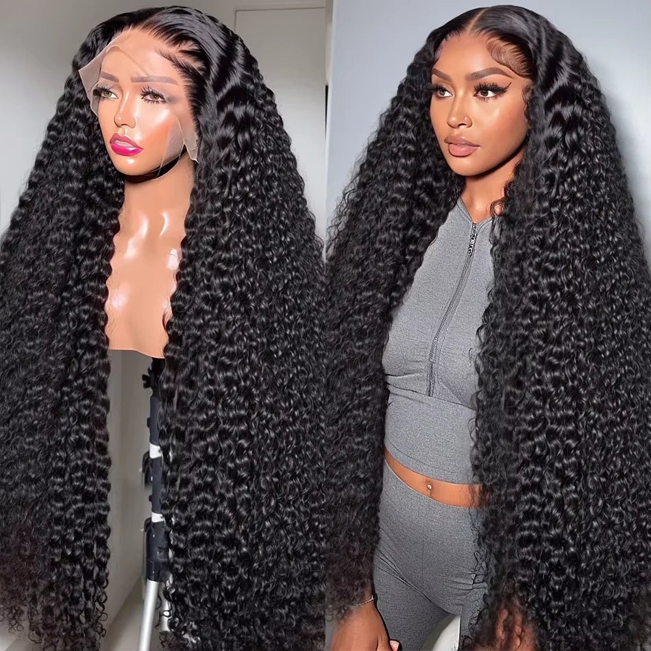 40 46 pouces 13x4 13x6 pleine frontale HD dentelle transparente longue vague profonde brésilienne Remy cheveux humains pré plumés perruques 200 densité