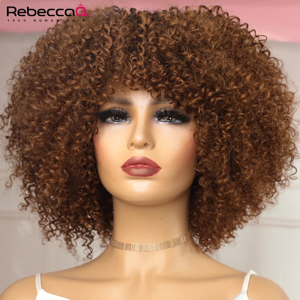Grande perruque bouclée avec frange cheveux humains courts Afro crépus bouclés perruque couleur marron sans colle pleine Machine faite perruque 250 densité brésilienne