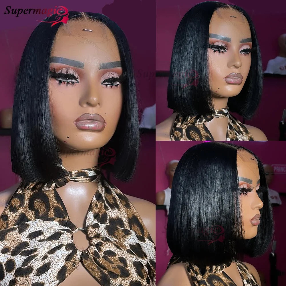 Vietname Super Double os tiré droit 2x6 dentelle fermeture Bob perruque avec 100% cheveux humains Nature noir 300 densité pour les femmes noires