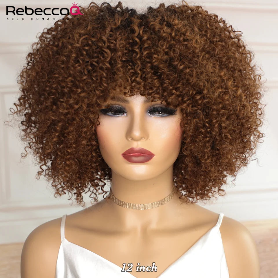 Grande perruque bouclée avec frange cheveux humains courts Afro crépus bouclés perruque couleur marron sans colle pleine Machine faite perruque 250 densité brésilienne
