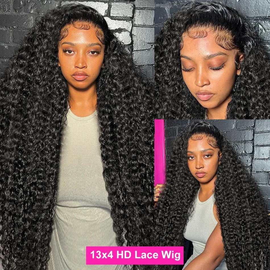 40 46 pouces 13x4 13x6 pleine frontale HD dentelle transparente longue vague profonde brésilienne Remy cheveux humains pré plumés perruques 200 densité