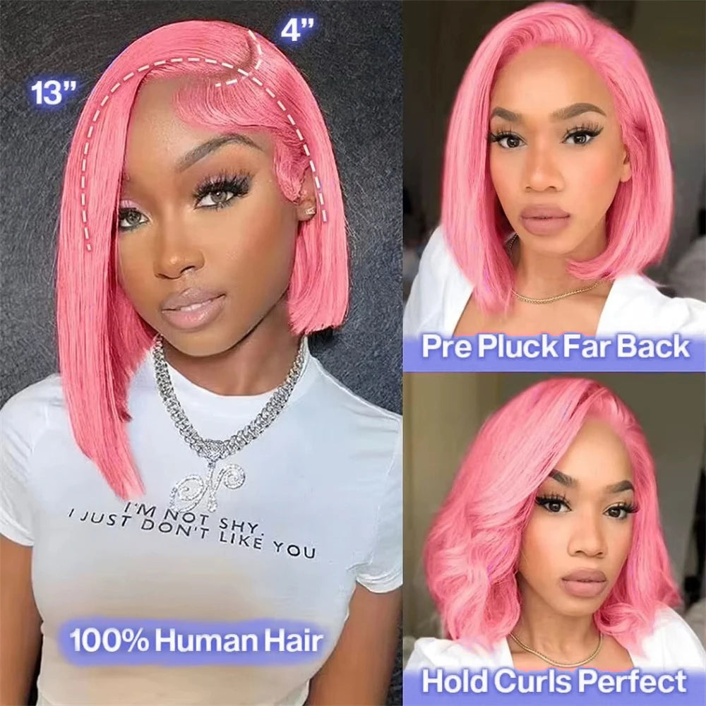 Cheveux humains Rose Rose droite Bob perruques pour femmes brésiliennes 13X4 dentelle avant perruques courtes dentelle frontale pré-plumée couleur Rose Bob perruque