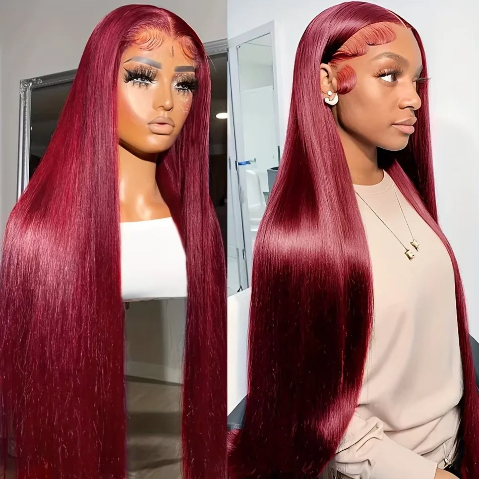 Perruque Lace Front Wig naturelle lisse, cheveux humains, couleur bordeaux 99J, haute densité 200, 13x6, HD, ultraviolette, 13x4, pour femmes
