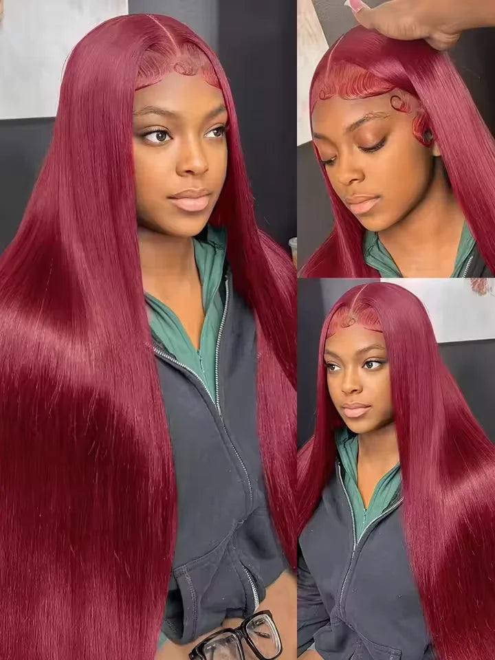 Perruque Lace Frontal Wig naturelle lisse bordeaux 99j, 40 pouces, 13x6, perruque Lace Frontal Wig HD transparente, couleur rouge, pour femmes