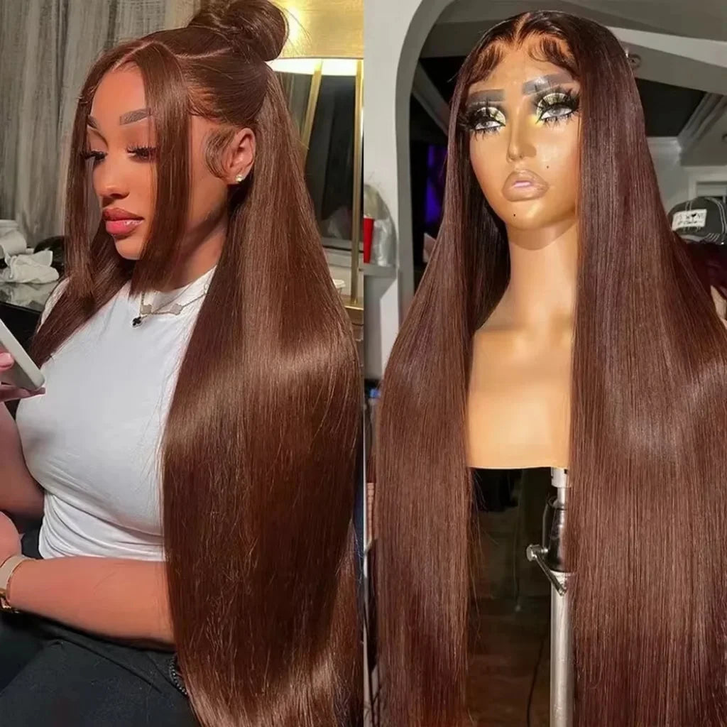 Perruque 13x6 en cheveux humains, dentelle frontale HD pré-plumée, couleur chocolat brun #4, raide, longueur 36 pouces, look naturel et élégant