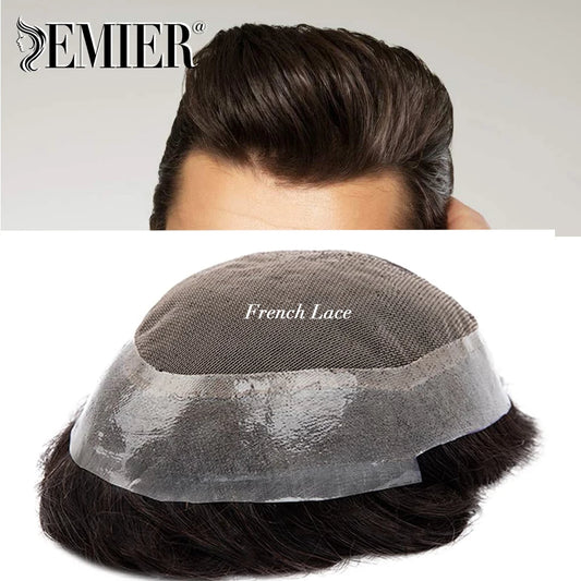 Perruque de cheveux humains en dentelle française avec PU pour homme, toupet confortable, vague naturelle, système de remplacement, prothèse capillaire masculine durable