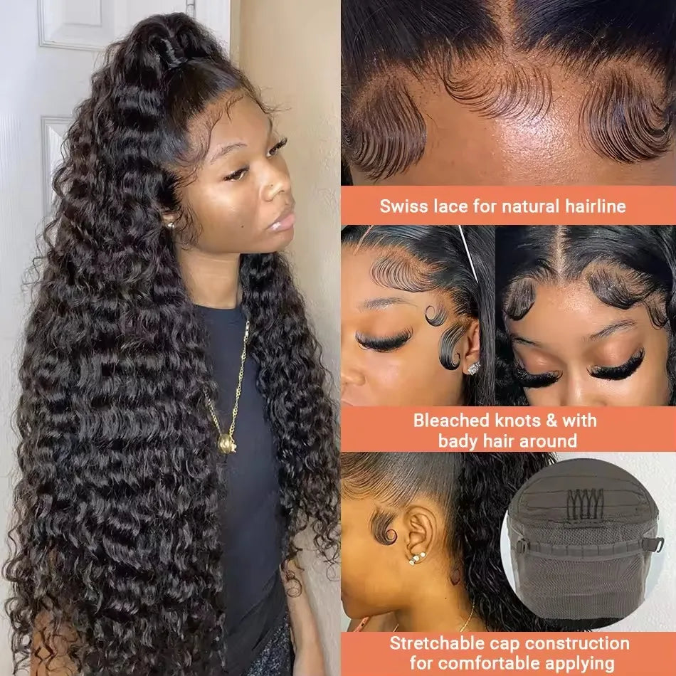 Perruques de cheveux humains à dentelle frontale HD 13x6 360, densité 250, 40-46 pouces, ondulation profonde, pré-épilées, pour femmes noires