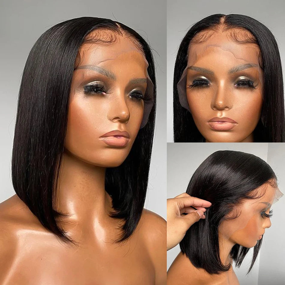 Perruque Bob courte transparente dentelle frontale perruques cheveux humains 100% droite Bob perruques pré plumées 13x4 dentelle avant perruques pour les femmes noires