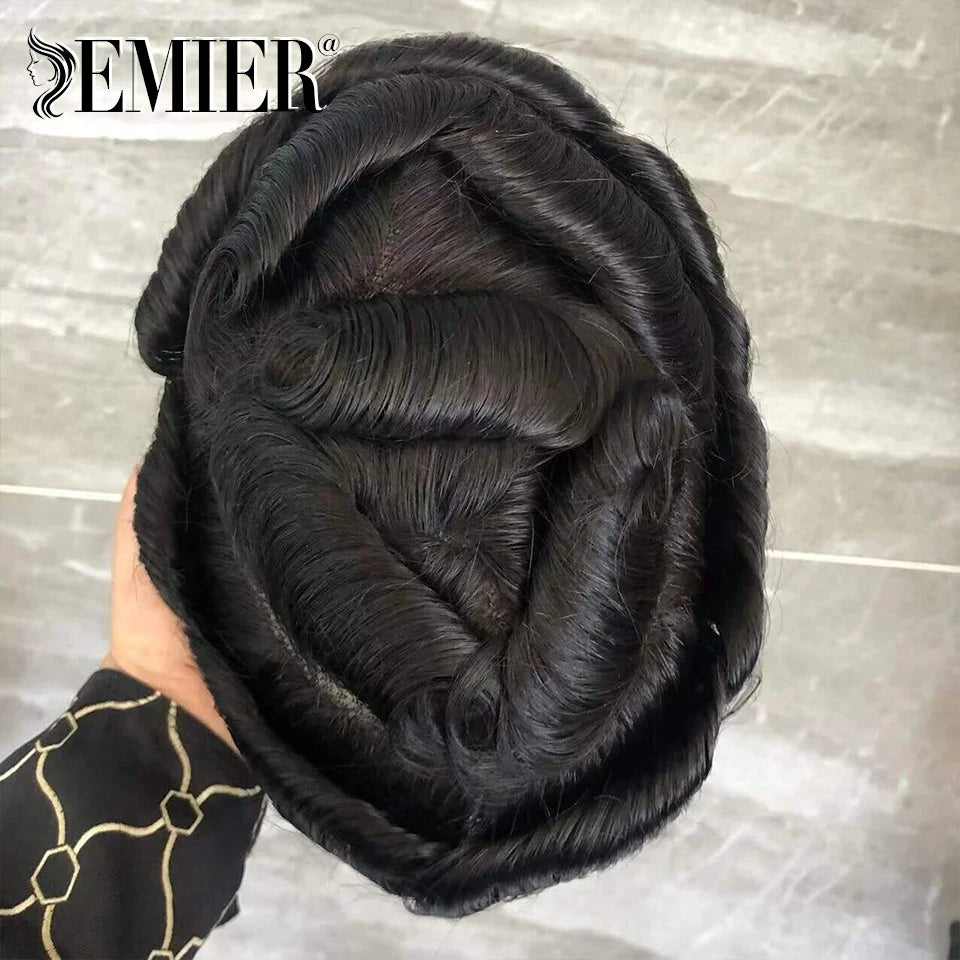 Perruque de cheveux humains en dentelle française avec PU pour homme, toupet confortable, vague naturelle, système de remplacement, prothèse capillaire masculine durable